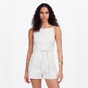 MADEWELL ITALIAN LINEN COTTON PINSTRIPE SQUARE NECK SLEEVELESS PLEATED ROMPER 12